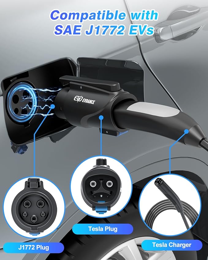 EVDANCE NACS to J1772 Charging Adapter - Max 80 Amp & 250V J1772 EV Adapter Compatible with Tesla High Powered Connectors Destination Chargers and Mobile Connectors (Black)