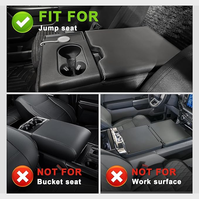 Muslogy Center Console Armrest Cover Fit for Ford F-150 F150 2015-2026 & F250 F350 F450 2017-2026 Accessories, Comfort Armrest Pad Console Lid Cushion Vegan Leather Regular Thick(Jump Seat ONLY)