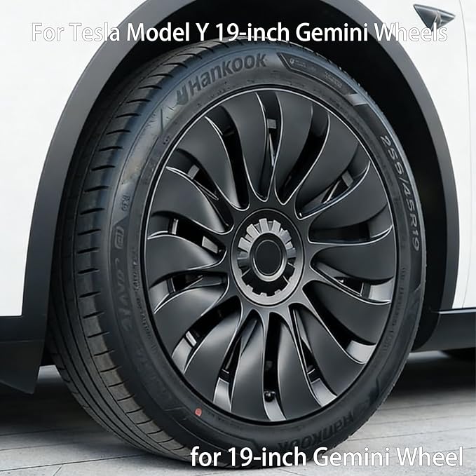KAVANIC 4PCS Wheel Covers Fits for Tesla Model Y 19 Inch Matte Black Support Long Range Logo Symmetry Design Uberturbine Style fits for Model Y Gemini 2020-2024 Hubcaps Replacement (RWD/AWD)