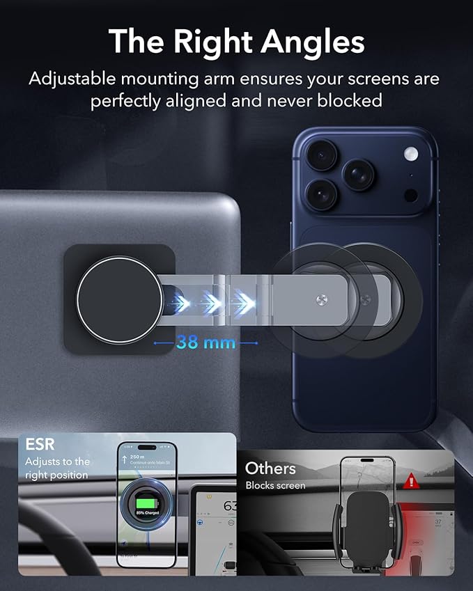 ESR for MagSafe Car Mount, Car Phone Holder, Tesla Touchscreen Car Mount, Magnetic Phone Holder for Car, for iPhone 17e/Air/17-12, S26/S25, Pixel 10, Charging Not Supported(2 Metal Rings Included)