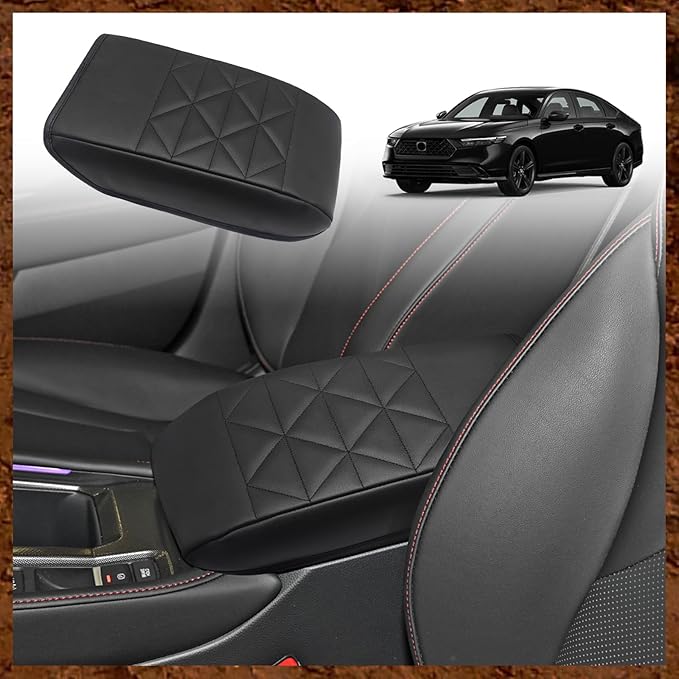 Muslogy Center Console Armrest Cover Fit for Honda Accord 2026 2025 2024 2023 Accessories, Comfort Armrest Pad Console Lid Cushion Vegan Leather Regular Thick (V2 Black)