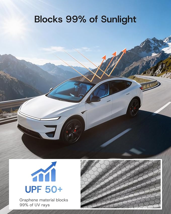 Upgraded Sunshade Roof for Tesla Model Y Juniper Accessories 2025 2026, [Graphene Infused Fabric& UPF 50+ & No-Sag] Heat Insulation Class Roof Sun Shade for Tesla Model Y Accessory, Black, 2PCS