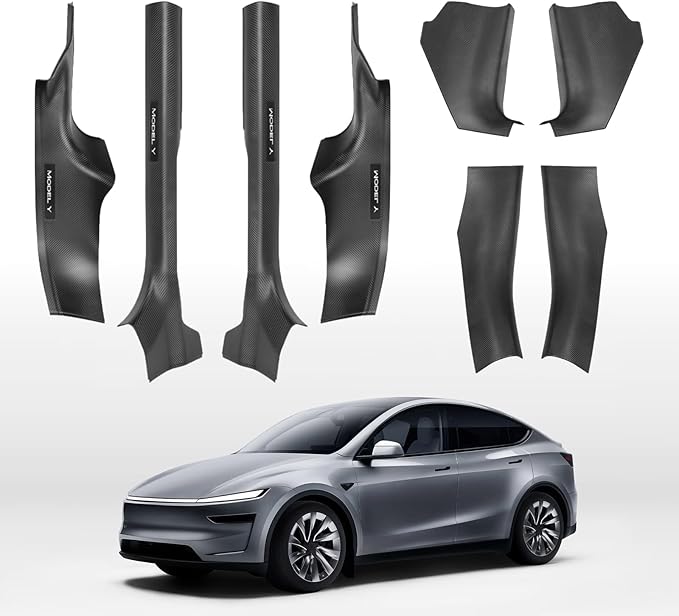 Carbon Fiber Door Sill Protector for Tesla Model Y Juniper 2025-2026 - Front & Rear Entry Guard Scuff Plate Set, 8PCS All-Weather ABS Interior Accessories