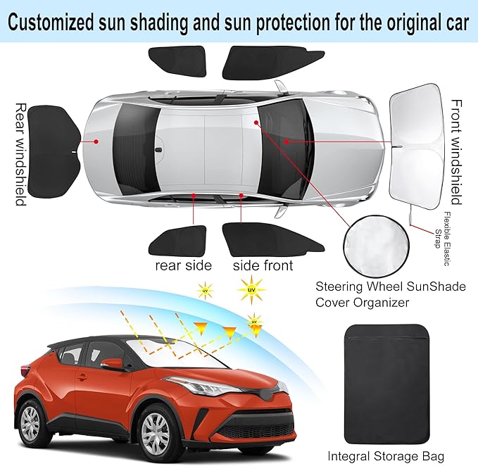 6PCS YYCKE Window Shades for CHR 2018-2023 CH-R for Toyota Accessories Side Full Windows Windshield Sun Shade Sun UV Rays & Privacy Protection for Camping,Napping,and Relaxing
