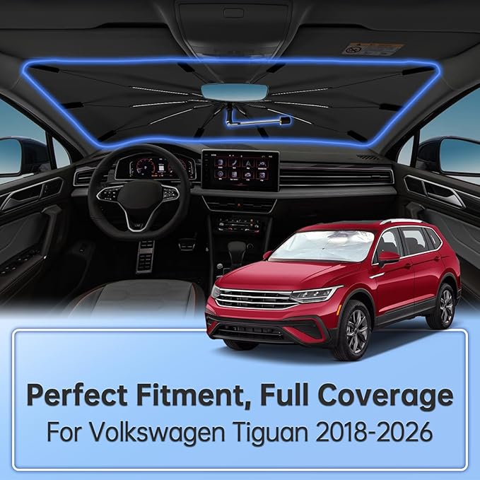 Windshield Sun Shade Umbrella for Volkswagen Tiguan 2018-2026, 360 Rotation Car Sunshade for Front Window, Highly Reflective Auto Sun Shield Cover for UV Protection, Keep Car Cool Accessories