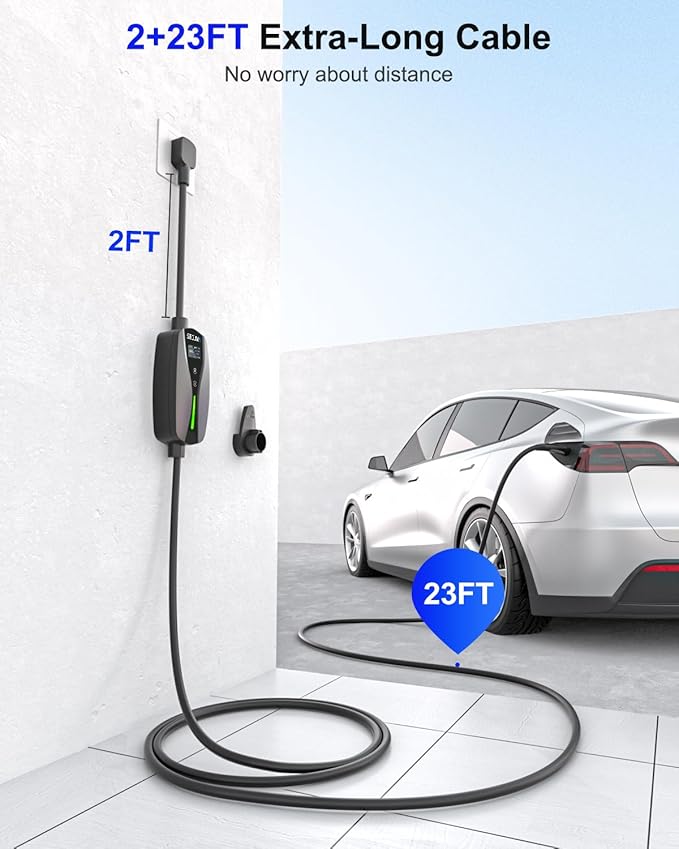 SEGUMA Level 1/2 Tesla Charger (10A-24A), 240V NEMA 14-30 Dryer Outlet Plug & 120V NEMA 5-15 Adapter, 25ft Cable, Portable Home Mobile Electric Car Charging Station NACS for Model Y/S/3/X/Cybertruck