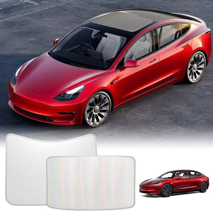 [2024 Upgrade] Sunshade Roof for Tesla Model 3 2024 Colorful Ice Crystal Glass Roof Sunshade Sunroof No-Sag Design Retractable Sunshade Heat Insulation Roof Window Sun Protection Snap Foldable (White)