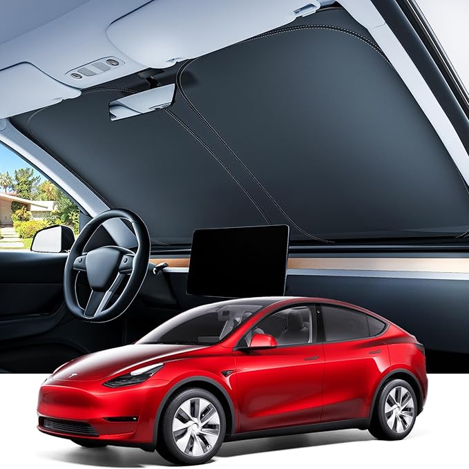 REEVAA Upgraded Tesla Model S Sunshade Windshield [Tailored Fit, 99% Sun Protection] Excellent Foldable and Easy-Use Sunshade Accessories with Storage Bag Fit Model S 2021-2025, Silver Coating