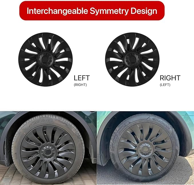 KAVANIC 4PCS Wheel Covers Fits for Tesla Model Y 19 Inch Matte Black Support Long Range Logo Symmetry Design Uberturbine Style fits for Model Y Gemini 2020-2024 Hubcaps Replacement (RWD/AWD)