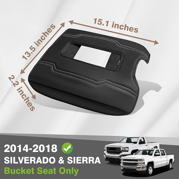 Muslogy Center Console Armrest Cover Fit for Chevy Silverado & GMC Sierra 1500 2500 3500 2014-2018 Accessories, Comfort Armrest Pad Console Lid Cushion Vegan Leather Regular Thick(Bucket Seat ONLY)