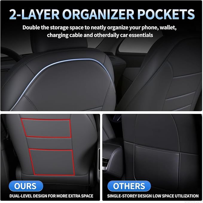 Seat Back Protector for Tesla Model Y Juniper/3/X/S Accessories Leather Kick Protectors Mats with Dual-Layer Organizer Pockets for Drivers Waterproof Scratchproof Dirt-Resistant Backseat Cover