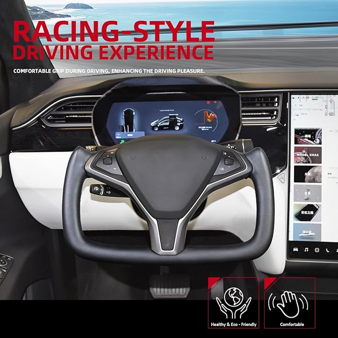 Yoke Steering Wheel Replacement, Black Microfiber Smooth Leather for Tesla Model X 2016-2020,For Tesla Model S 2014-2020 With Heating Function