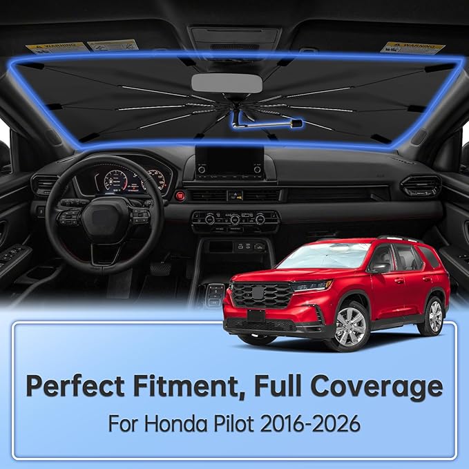 Windshield Sun Shade Umbrella for Honda Pilot 2016-2026, Foldable Sunshade for Car Front Window, 360 Rotation Automotive Interior UV Protection for Outdoor Parking, Keep Car Cool
