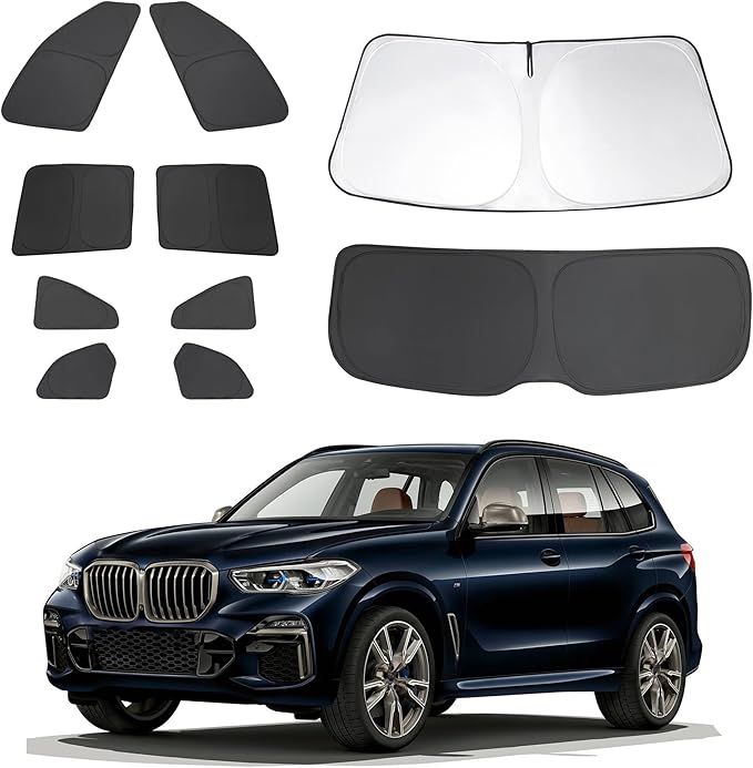 10PCS Windshield Sun Shade Custom Fit for 2019 2020 2021 2022 2023 2024 2025 BMW X5 Accessories Foldable Sunshade Side Rear Window Shade Cover Full Set Privacy Protection Keeps Car Cool