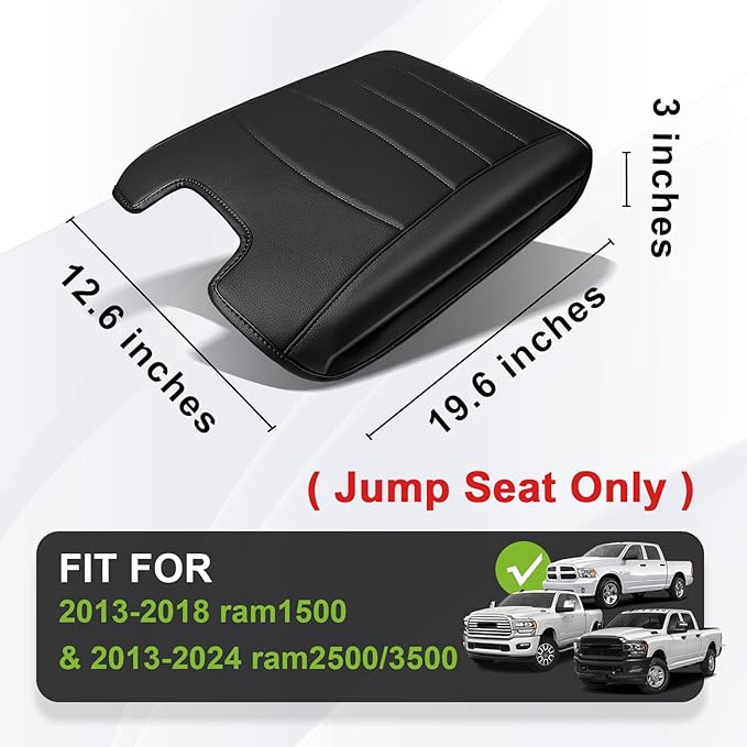 Muslogy Center Console Armrest Cover Fit for Dodge Ram 1500 2013-2018 & 2013-2026 Ram 2500/3500 Accessories, Comfort Armrest Pad Console Lid Cushion Vegan Leather Regular Thick(Jump Seat ONLY)