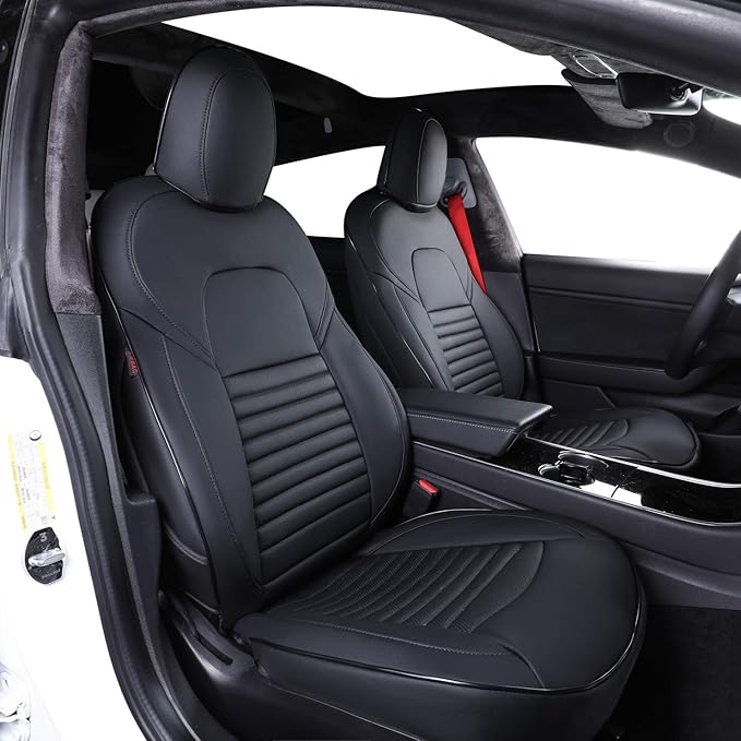 EKR Model S Seat Cover for Tesla Model S 2014 2015 2016(Front Fixed Headrests, Front Full Side Coverage, 3 Rear Headrests) Leather Seat Covers Full Set,Car Seat Protector- Leather (Black)