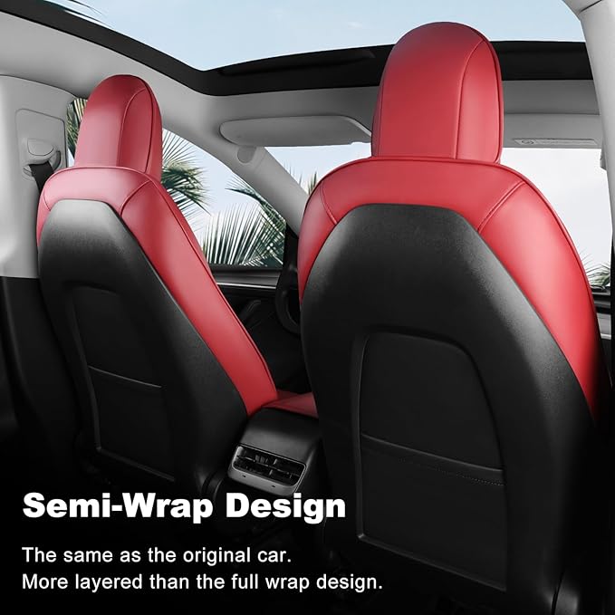 Tesla Model Y Car Seat Covers Nappa Leather Car Interior Seat Airbag Compatible Cushion Cover Full Set Custom Fit 2024 2023 2022 2021 2020, Nappa Wine Red