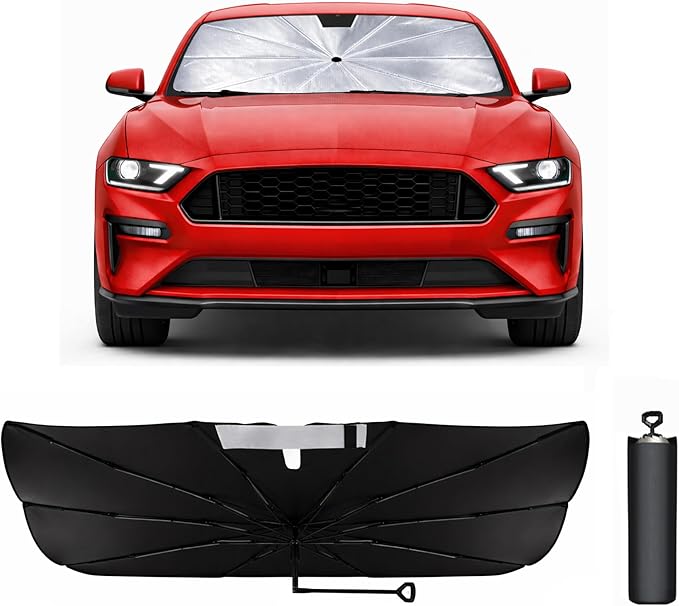 2026 Upgraded Car Windshield Sun Shade Umbrella - Custom-Fit for Ford Mustang 2021-2026 Umbrella Sunshade,Easy Install,UV Protection & Heat Reflective,Keep Interior Cooler with Storage Bag