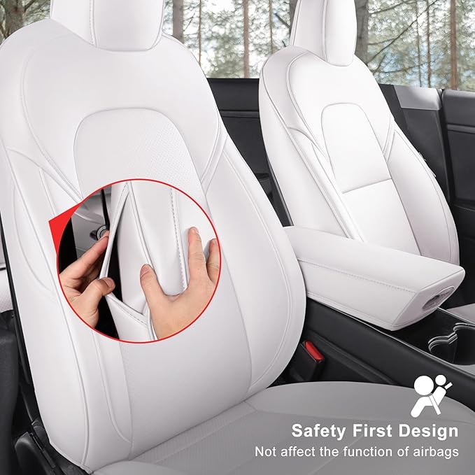 Tesla Model 3 Car Seat Covers Nappa Leather Car Interior Seat Airbag Compatible Cushion Cover Full Set Custom Fit 2023 2022 2021 2020 2019 2018, Nappa White