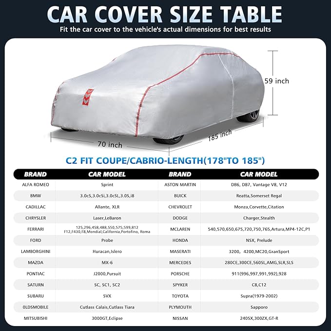 Car Cover Waterproof All Weather, 60 S Quick Install Underbody Wrap-Around Mount Car Covers for Automobiles （Copue-178 to 185 in）