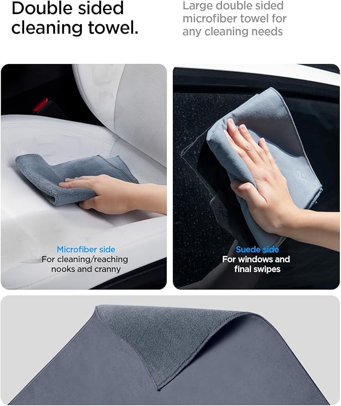 Spigen Car Interior Seat Cleaner & Stain Remover [Safe & Eco-Friendly Solution] Kit with CyberCase & Double-Sided Microfiber Towel Accessories for Tesla White/Black Leather Seats, Dashboard, Console