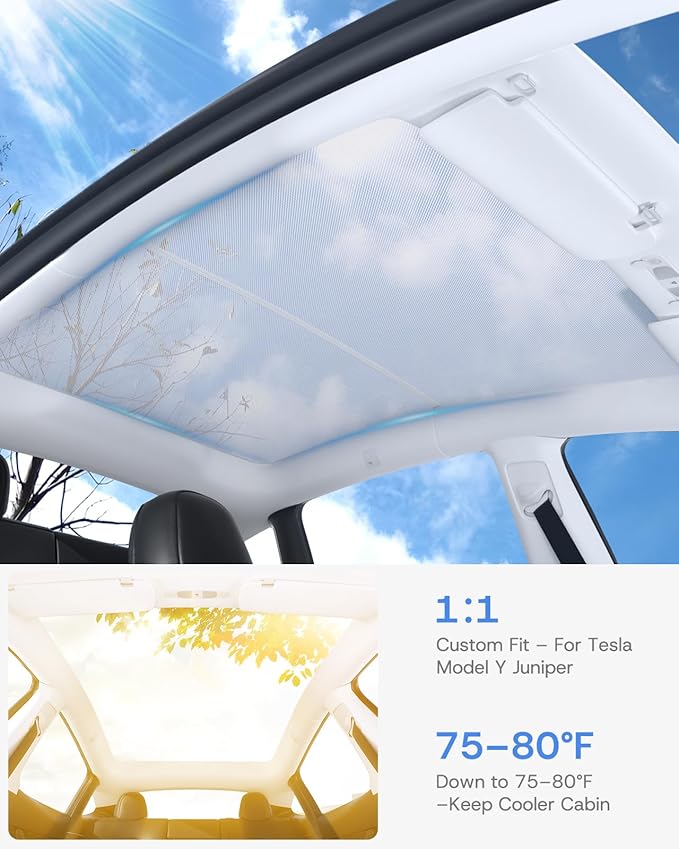 Upgraded Sunshade Roof for Tesla Model Y Juniper Accessories 2025 2026, [Mesh Fabric& No-Sag & Magnetic Design] Heat Insulation Class Roof Sun Shade for Tesla Model Y Accessories, Gray, 2PCS