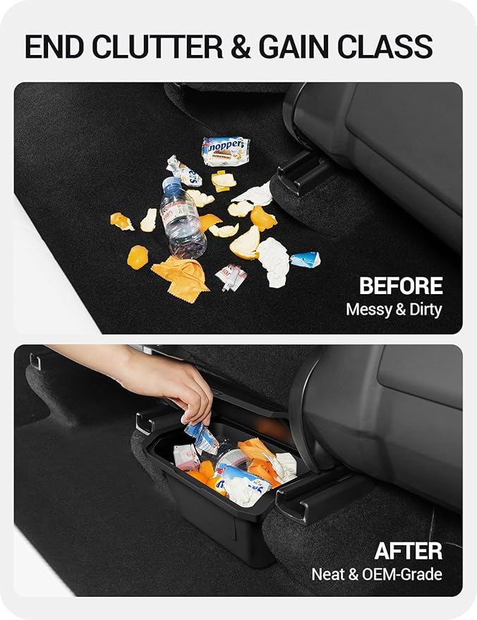 BASENOR 2026 2025 Tesla Model Y Juniper Rear Center Console Organizer, TPE Dustproof Trash Can with Anti-Slip Lid Garbage Bin Backseat Storage Box for Model Y Premium/Performance