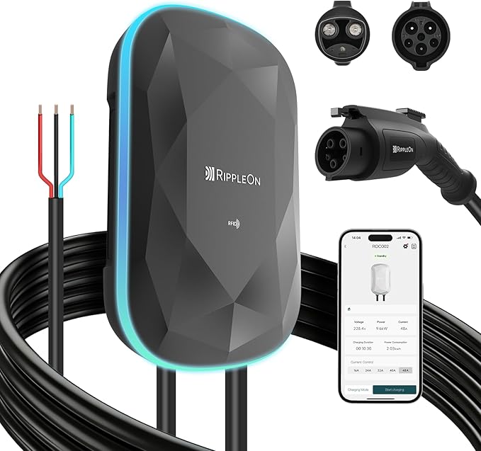 RIPPLEON Level 2 EV Charger - Dual Plug Type Universal Wall Connector Hardwired - Compatible for All North American EVs - 48Amps 240V Tesla Wall Charger, UL, FCC, Energy Star Certified Black