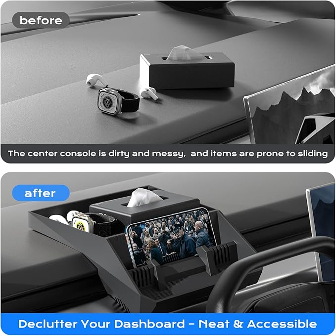for 2024 Tesla Cybertruck Center Console Organizer - Hidden Behind-Screen Storage Tray, Dashboard Caddy, Silicone Sunglasses Holder, Black Interior Accessories