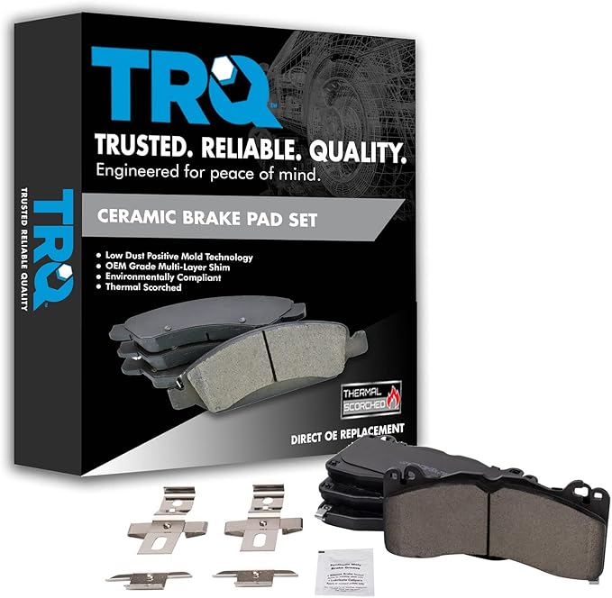 TRQ Front Ceramic Brake Pad Set Includes Contact Point Grease and Hardware Compatible with 21-22 Ford Mustang GT 6 Piston Brembo Calipers 21-22 Mustang Mach 1 6 Piston Brembo Calipers