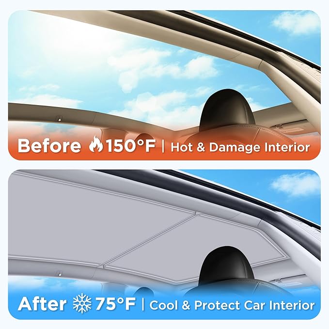 2026 Upgraded for Tesla Model Y Accessories Sunshade Roof [No Sag, Ice-Crystal Cooling Coatings] Heat Insulation Glass Roof Sun Shade for Tesla Model Y Accessories 2020-2024 Beige