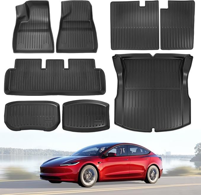 Floor Mats Model 3 Highland 2025 2024, TPE All Weather Cargo Liner Floor Mats and Cargo Trunk Mats Accessories Front Rear Cargo Mat Full Set of 8