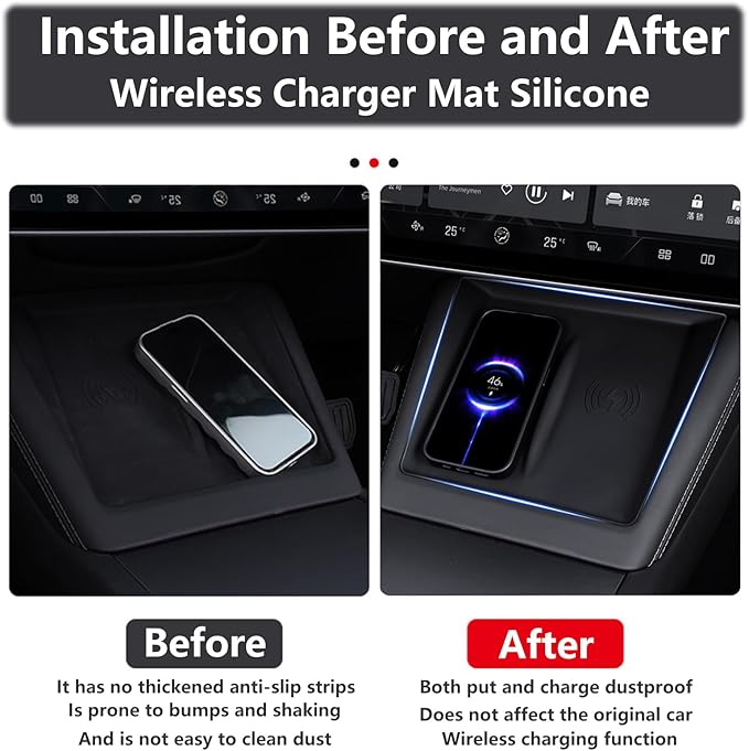 4PCS Center Console Wireless Charger Mat Silicone for 2025 2024 Tesla New Model 3 Highlan Cup Holder Insert, Screen Edge Protector Frame, Rear View Mirror Cover Decoration Accessories(Black)