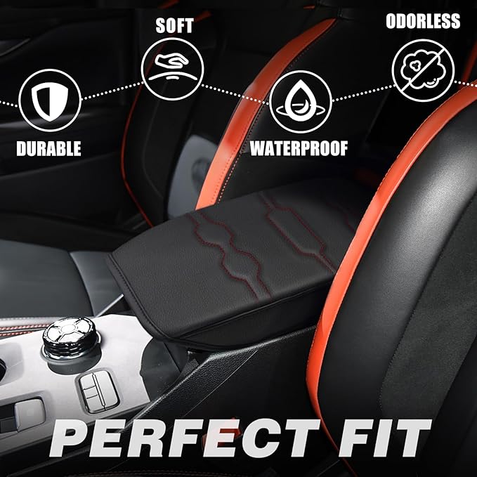 Muslogy Center Console Armrest Cover Fit for Ford Ranger 2024 2025 2026 Accessories, Comfort Armrest Pad Console Lid Cushion Vegan Leather Regular Thick(Black/Orange Trim)