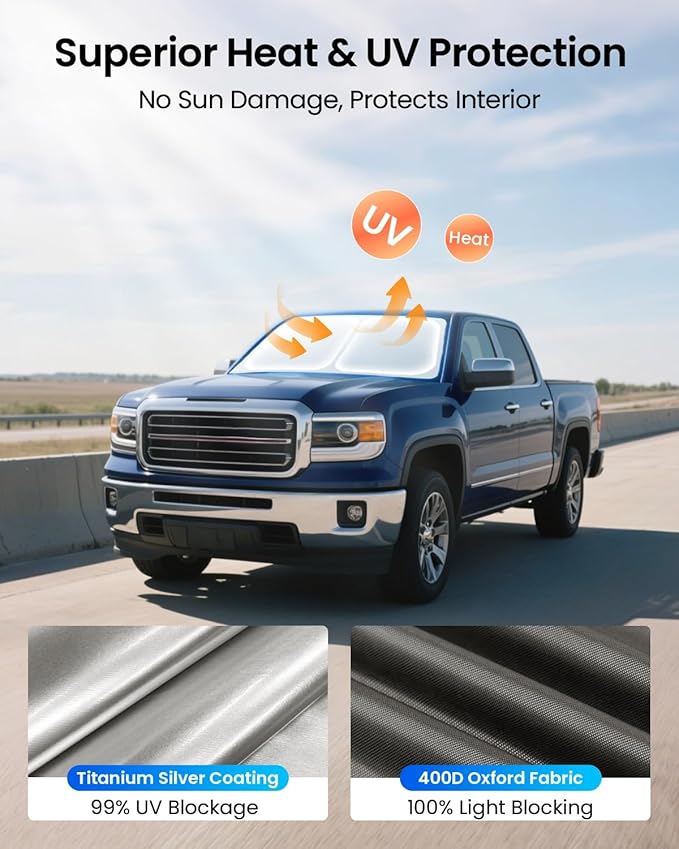 REEVAA Upgraded Windshield Sun Shade for GMC Sierra 1500 2500 3500 (2019-2025) [Tailored Fit, 99% Sun Protection] Protect Interior & Keep Cool, Foldable Sunshade Car Accessories with Storage Bag
