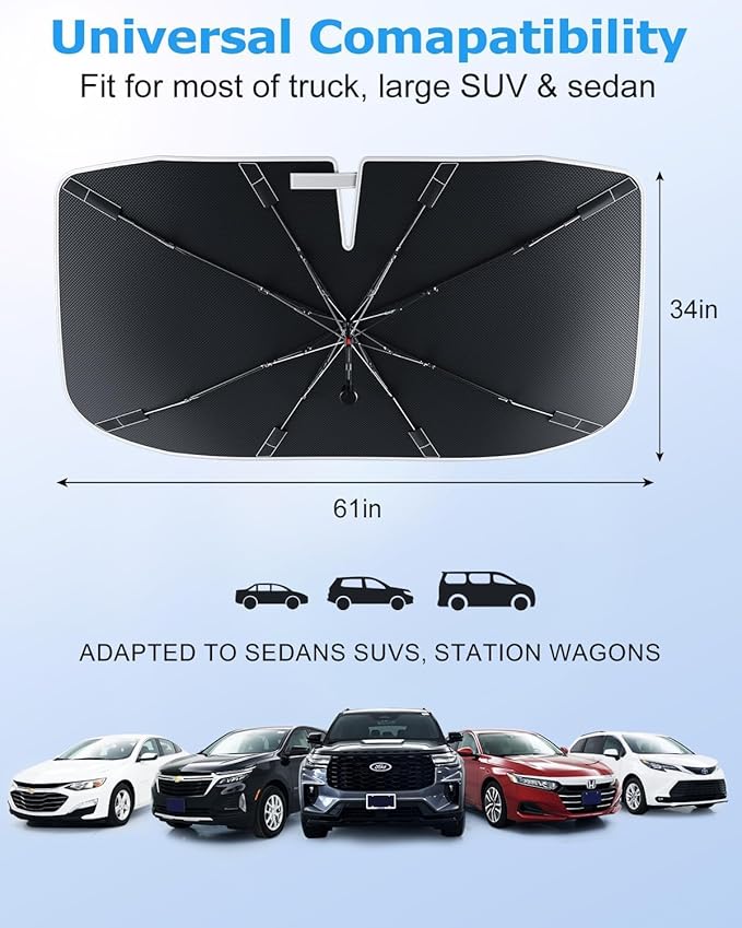 [2025 Upgrade] Weektic Windshield Sun Shade Umbrella for Car [Ultimate Cooling & Urethane Coated] Car Sun Shade Protect Interior from Sun Rays & Keep Cool Medium (57" L x 31" W)