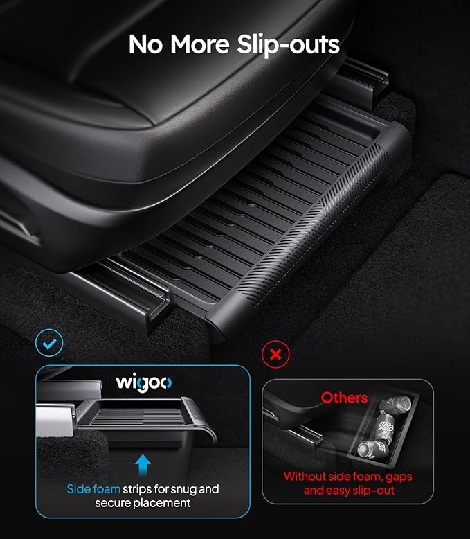 Wigoo Under Seat Storage Box for Tesla Model Y Juniper 2025~2026, 2 Pack Underseat Storage Tray with Lid, Secure No-Slide Design