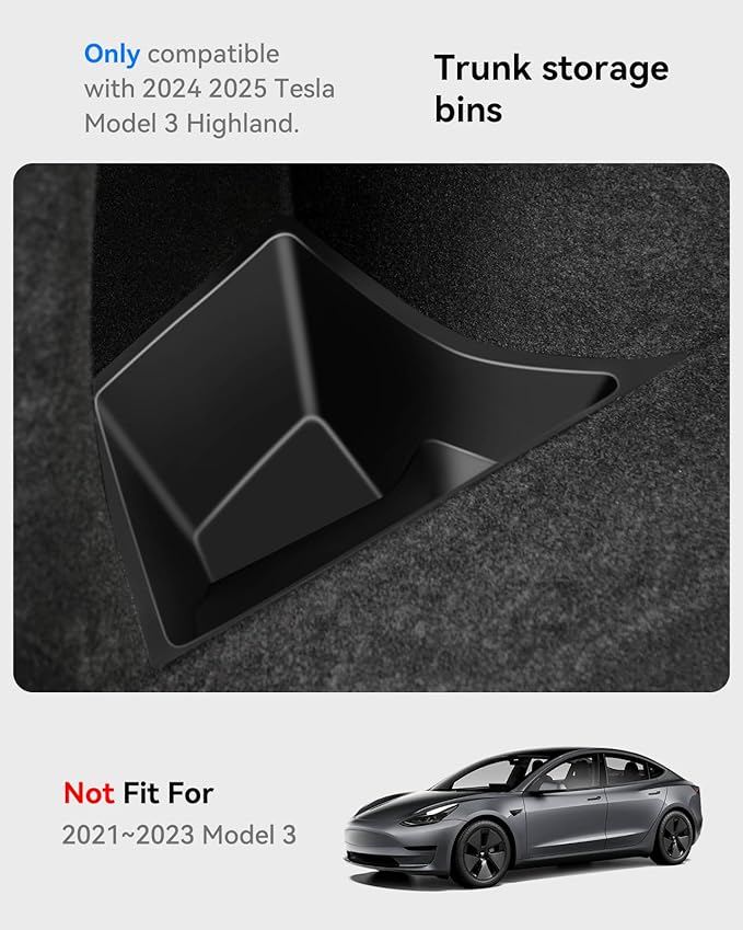 Trunk Organizer for 2024 2026 Tesla Model 3 Highland Accessories Rear Trunk Storage Bins Side Box with Lids for 2026 2025 Model 3 Interior Accessories TPE Material Waterproof Odorless 2 PCS