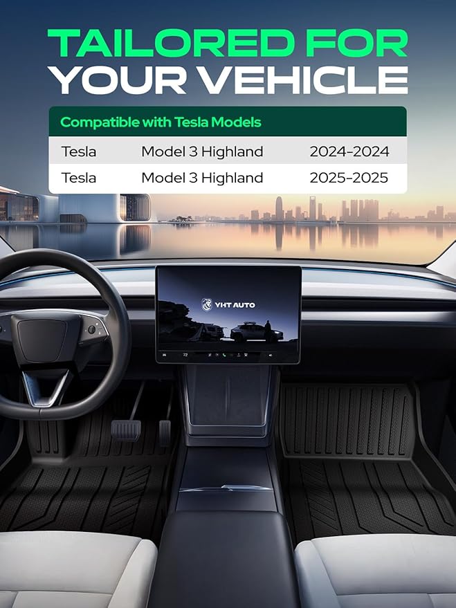 YHTAUTO Floor Mats & Cargo Mat Compatible with Tesla Model 3 Highland 2025 2024 Accessories, Custom Fit All Weather TPE Car Mats, Include Front Rear Trunk Cargo Liner & Rear Storage Liner & Odorless