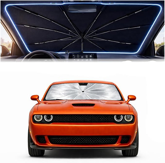 Car Windshield Sun Shade Umbrella - Custom-Fit for Dodge Challenger SRT 2015-2024 Umbrella Sunshade,Easy Install,UV Protection & Heat Reflective,Keep Interior Cooler with Storage Bag