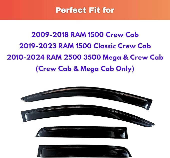 KPY Rain Guards Fit for 2009-2018 RAM 1500 Crew Cab, Out-Channel Window Visors Vent Deflectors 4PC, Truck Accessories for 2019-2023 RAM 1500 Classic Crew Cab, 2010-2024 RAM 2500 3500 Mega & Crew Cab
