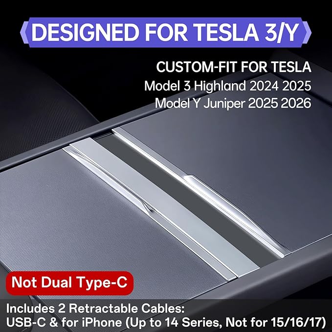 USB Hub for Tesla Model Y Juniper 2025 2026 Model 3 Highland 2024 2025 with Sliding Cover, 119W Multi Ports Fast Charger Waterproof Docking Station with Retractable Cables fit Center Console