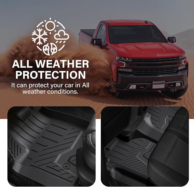 Floor Mats for Chevy Silverado/GMC Sierra 1500 2019-2024 2025 Crew Cab, 2019-2025 GMC Sierra 2500/3500 HD Crew Cab TPE All Weather Floor Liner (Rear Row with Factory Storage)—1st & 2nd Row