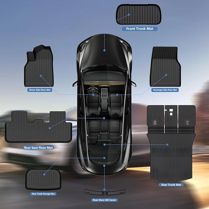 Floor Mats for Tesla Model Y Juniper 2025, Set of 7 Mats All Weather TPE Waterproof Anti-Slip Front & Rear Trunk Mats Cargo Liners Rear Door Sill Cover, Custom Fit for Tesla 5-Seater