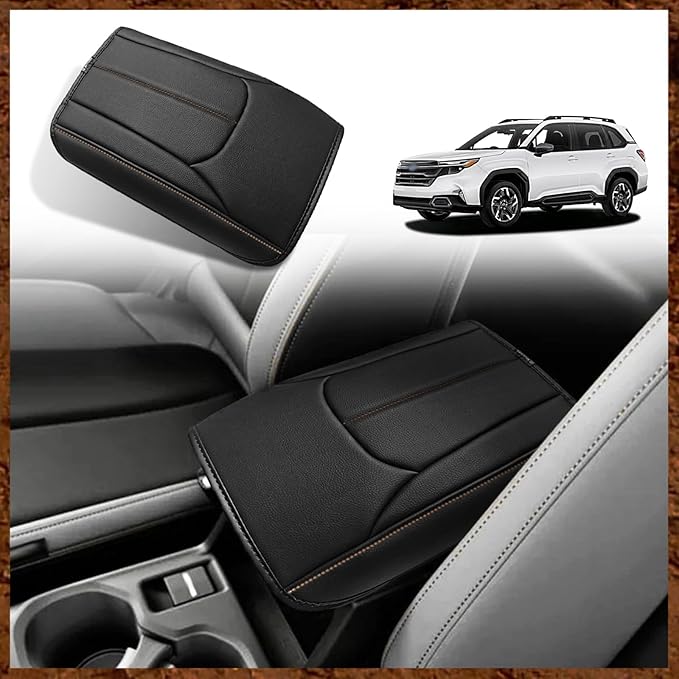 Muslogy Center Console Armrest Cover Fit for Subaru Forester 2025 Accessories, Comfort Armrest Pad Console Lid Cushion Vegan Leather Regular Thick (Black/Brown Trim)