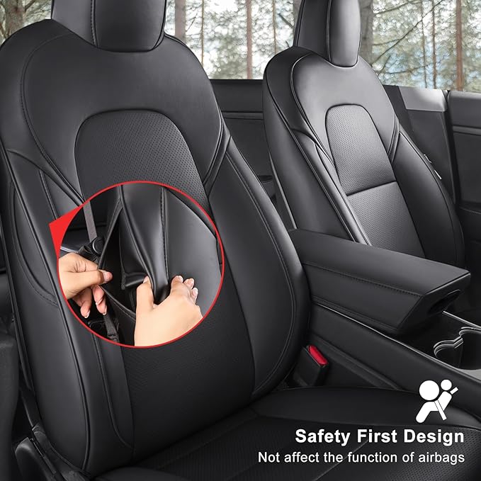 Tesla Model 3 Car Seat Covers Nappa Leather Car Interior Seat Airbag Compatible Cushion Cover Full Set Custom Fit 2023 2022 2021 2020 2019 2018, Nappa Black