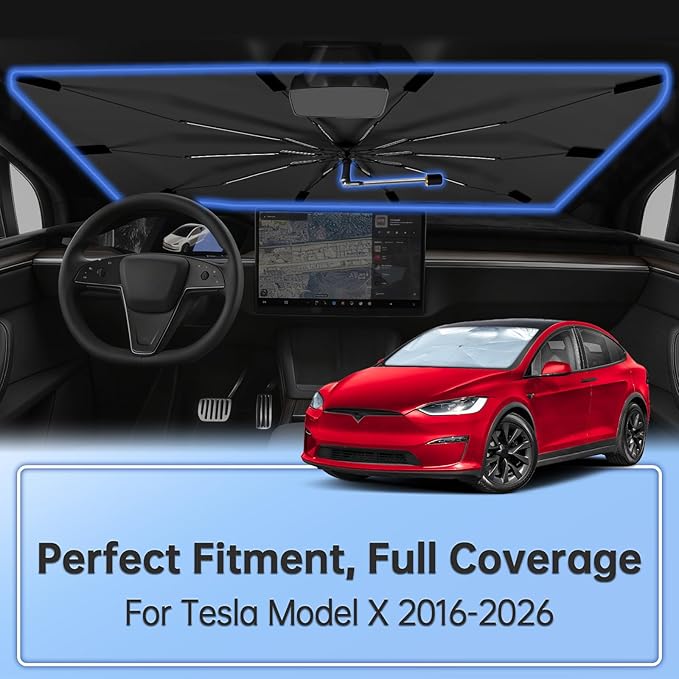 Windshield Sun Shade Umbrella for Tesla Model X 2016-2026, Foldable Sunshade for Car Front Window, 360 Rotation Automotive Interior UV Protection for Outdoor Parking, Keep Car Cool