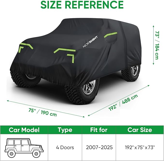 NOVSIGHT Car Cover for Jeep Wrangler 4 Door - Waterproof All Weather Outdoor Cover (2007–2025 JKU JL), Windproof with Straps, 210D Oxford Fabric, Reflective Strips