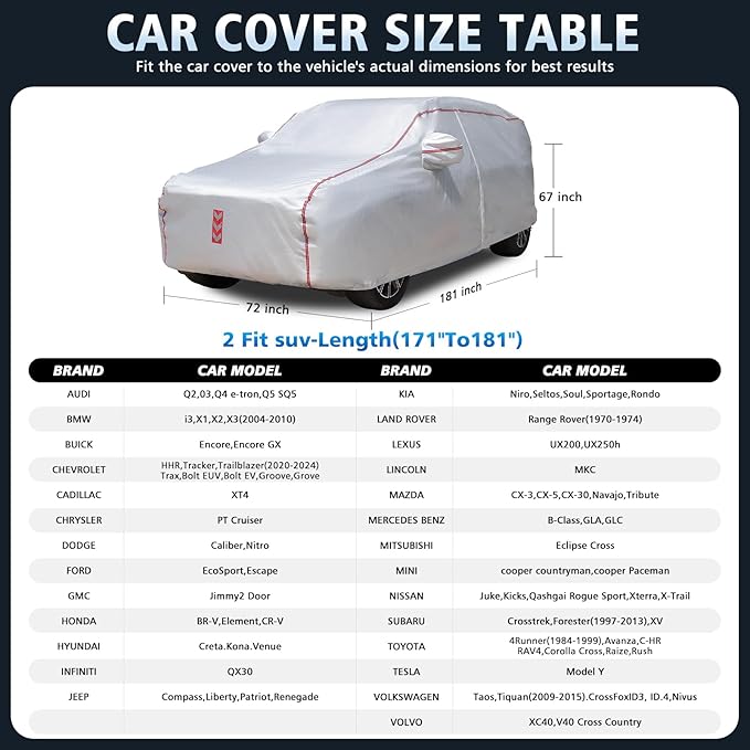 SUV Car Cover, 360° Underbody Wrap Design, All-Weather Waterproof Car Cover, Suitable for SUV Vehicle Body Length up to181 in