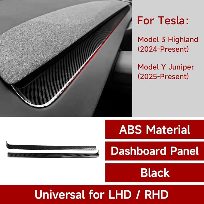 2PCS Car Dashboard Strip Passenger Trim Carbon Color ABS Decal Sticker for Tesla Model 3 Highland 2024 2025 2026 Model Y Juniper 2025 2026 Accessories